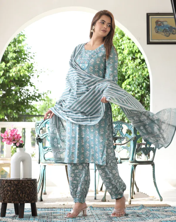 Teal_Botanical_Printed_Straight_Kurta_Set_For_Women