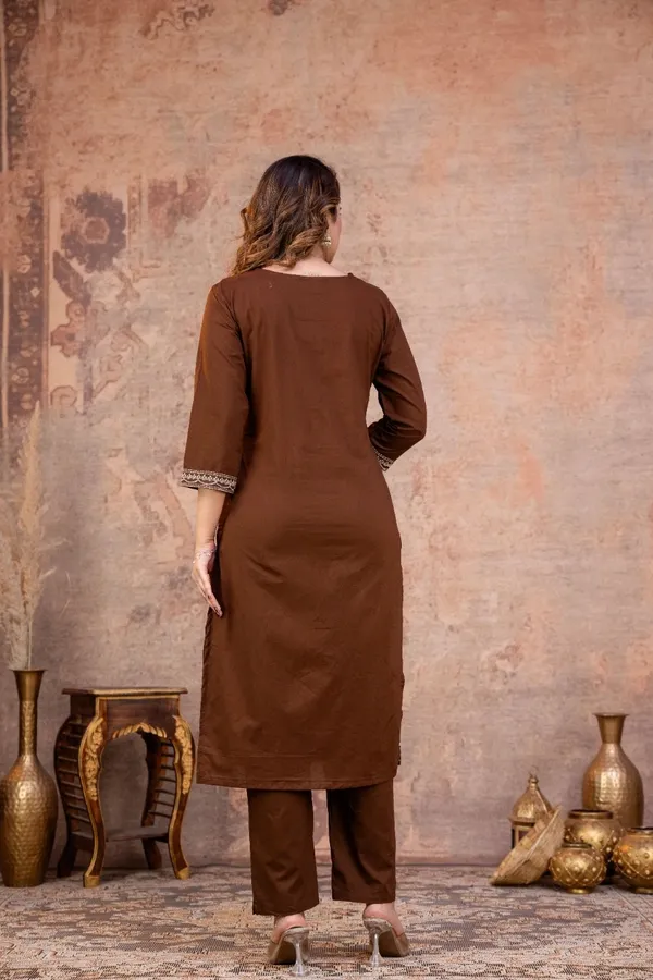 Brown_Embroidered_Straight_Kurta_Pant_Set_For_Women