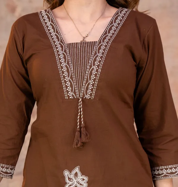 Brown_Embroidered_Straight_Kurta_Pant_Set_For_Women