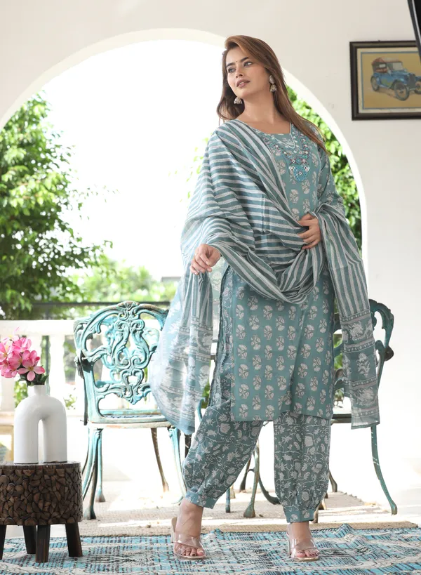 Teal_Botanical_Printed_Straight_Kurta_Set_For_Women