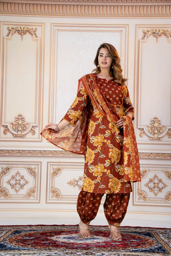 Brown_Floral_Printed_Straight_Kurta_Set_For_Women