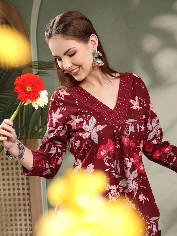 Maroon_Floral_Printed_Flared_Kurta_Set_For_Women