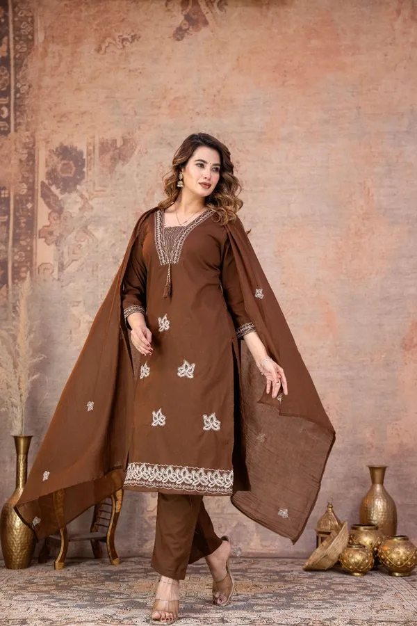 Brown_Embroidered_Straight_Kurta_Pant_Set_For_Women