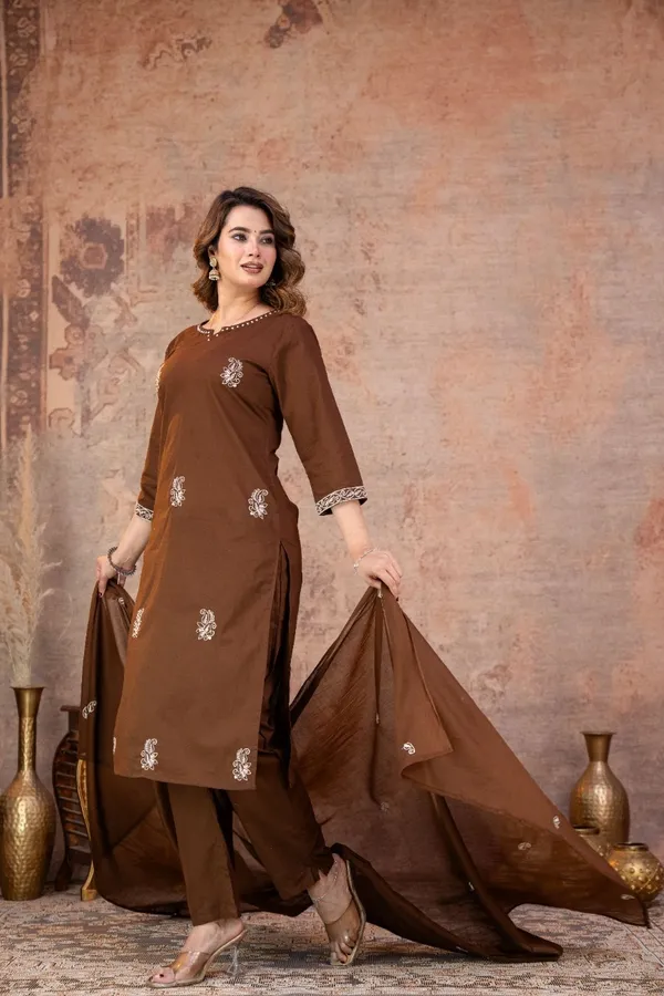 Brown_Embroidered_Straight_Kurta_Suit_Set_For_Women