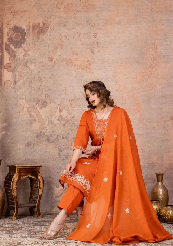 Orange_Embroidered_Straight_Kurta_Set_For_Women