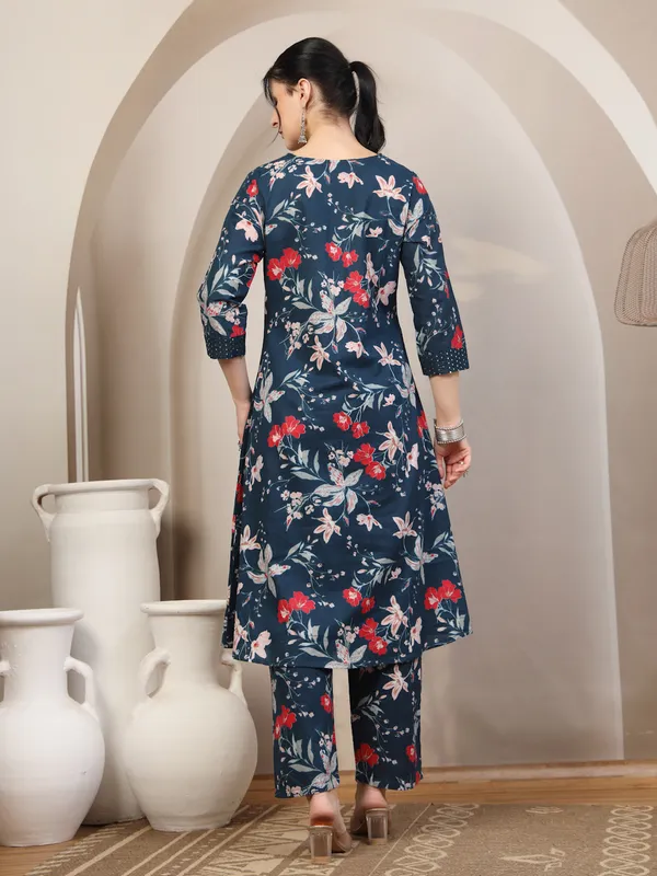 Navy_Floral_Print_Flared_Kurta_Set_For_Women