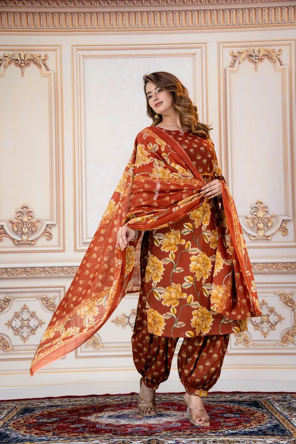 Brown_Floral_Printed_Straight_Kurta_Set_For_Women