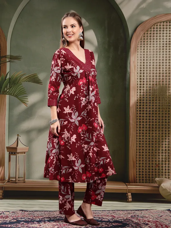 Maroon_Floral_Printed_Flared_Kurta_Set_For_Women