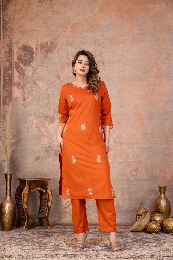 Orange_Embroidered_Straight_Kurta_Pant_Set_For_Women