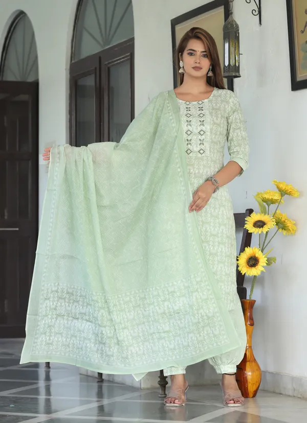 Mint_Green_Floral_Printed_Straight_Kurta_Set_For_Women