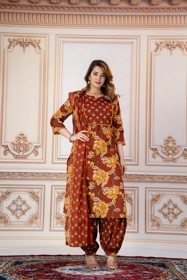 Brown_Floral_Printed_Straight_Kurta_Set_For_Women