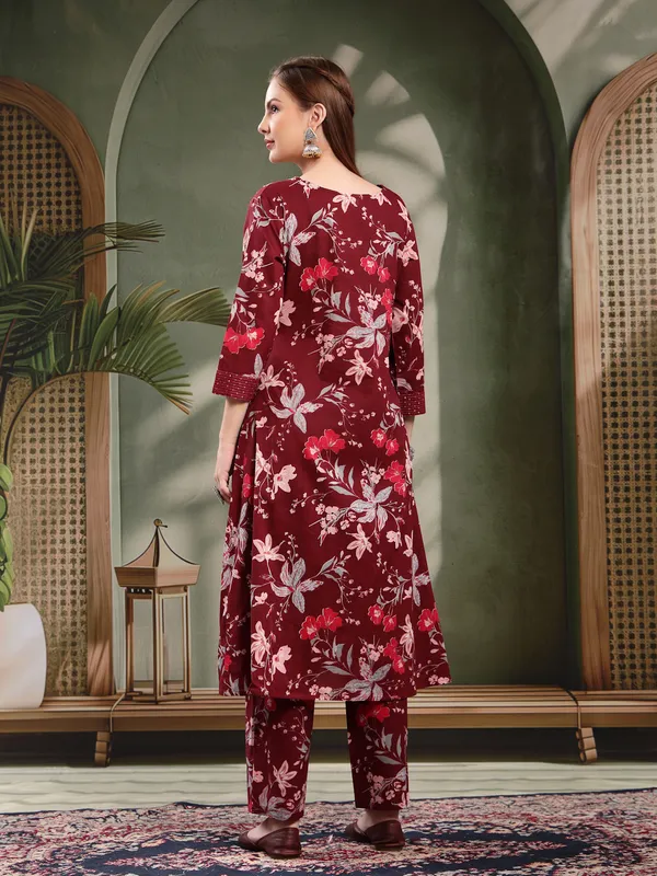 Maroon_Floral_Printed_Flared_Kurta_Set_For_Women