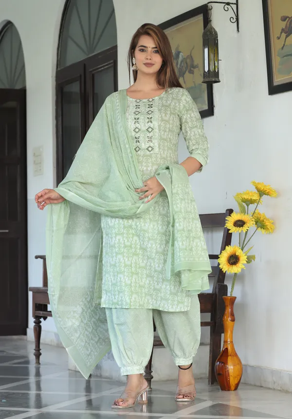 Mint_Green_Floral_Printed_Straight_Kurta_Set_For_Women
