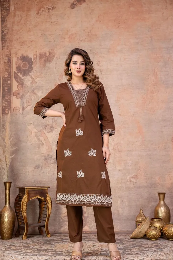Brown_Embroidered_Straight_Kurta_Pant_Set_For_Women