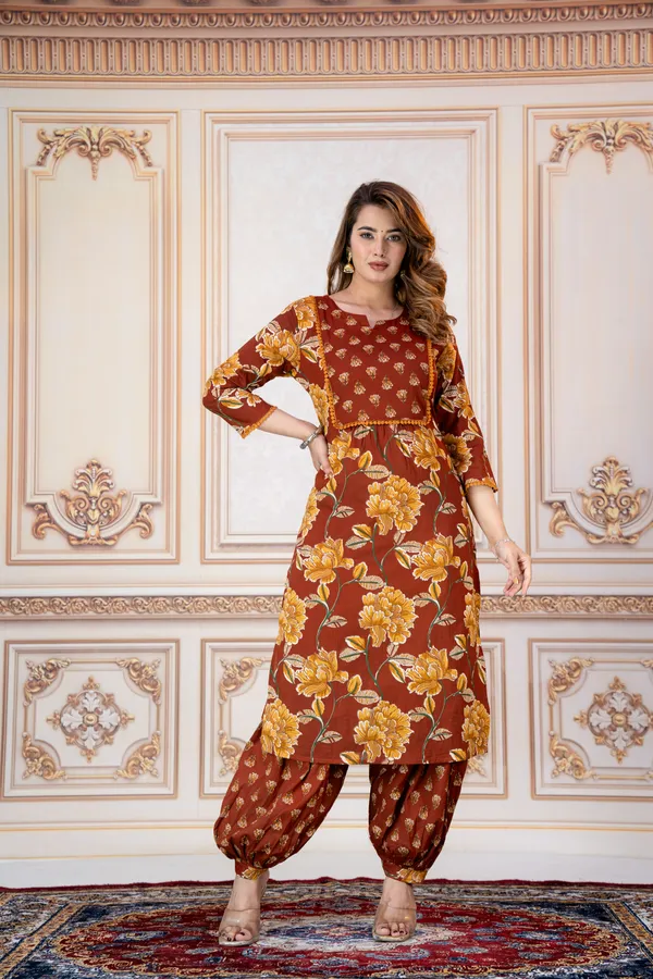 Brown_Floral_Printed_Straight_Kurta_Set_For_Women