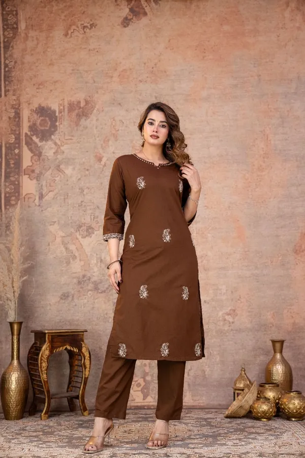 Brown_Embroidered_Straight_Kurta_Suit_Set_For_Women