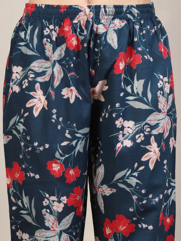 Navy_Floral_Print_Flared_Kurta_Set_For_Women