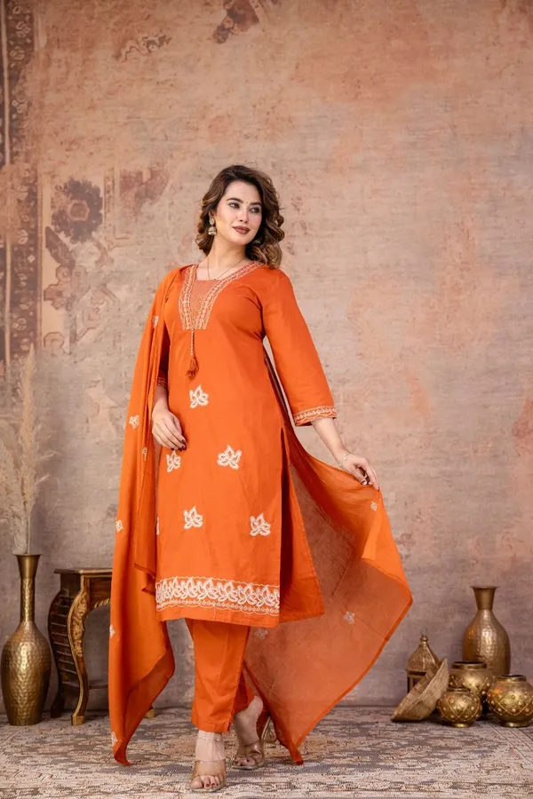 Orange_Embroidered_Straight_Kurta_Set_For_Women