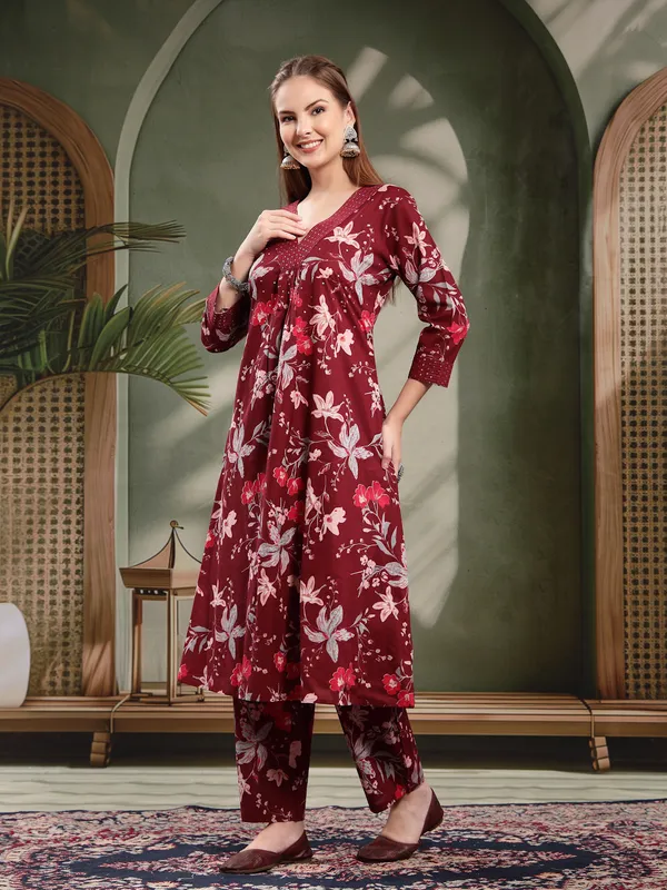 Maroon_Floral_Printed_Flared_Kurta_Set_For_Women