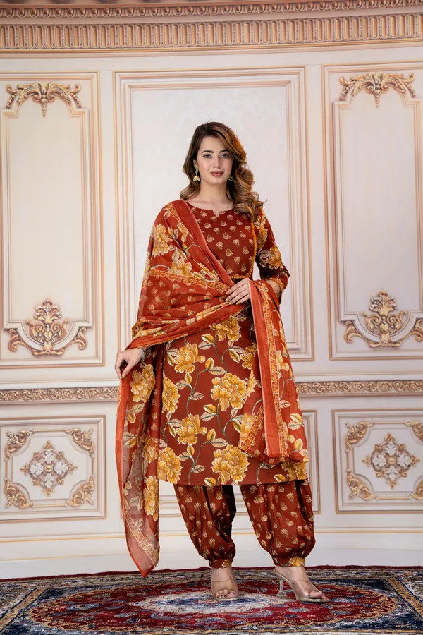 Brown_Floral_Printed_Straight_Kurta_Set_For_Women