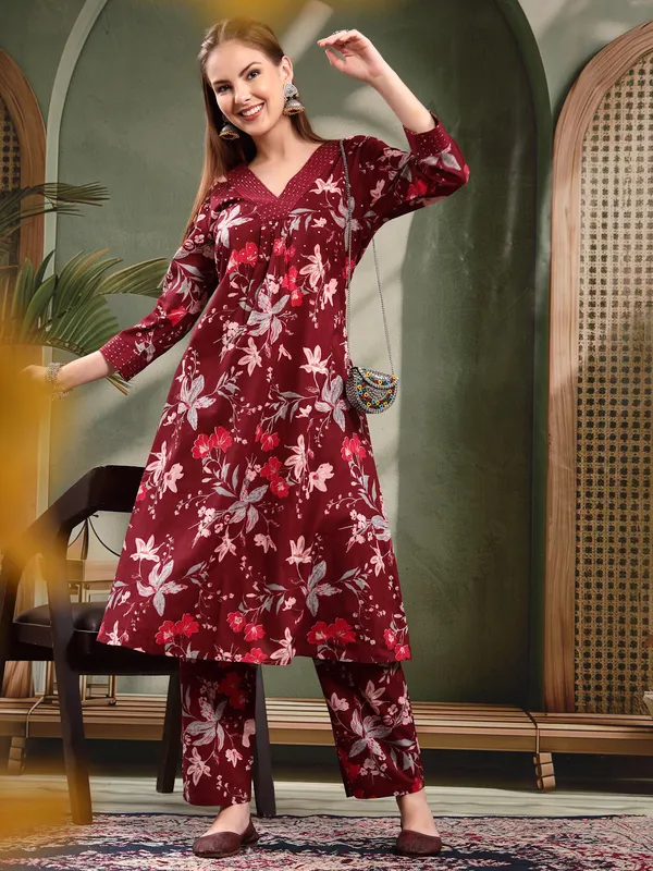 Maroon_Floral_Printed_Flared_Kurta_Set_For_Women
