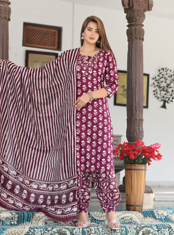 Maroon_Floral_Print_Embellished_Straight_Kurta_Set_For_Women