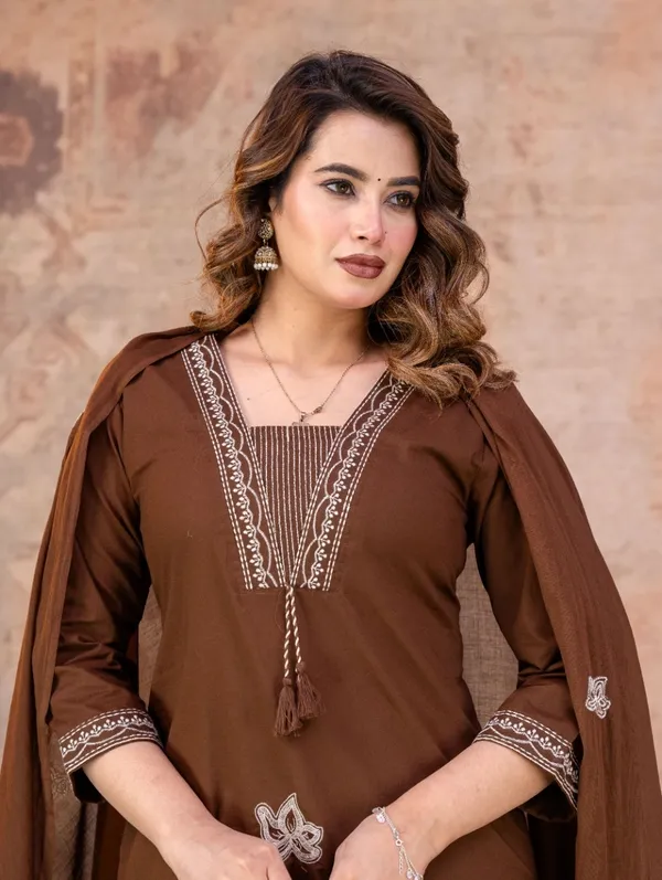 Brown_Embroidered_Straight_Kurta_Pant_Set_For_Women