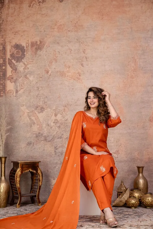 Orange_Embroidered_Straight_Kurta_Pant_Set_For_Women