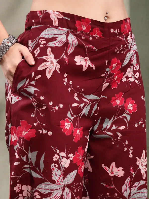 Maroon_Floral_Printed_Flared_Kurta_Set_For_Women