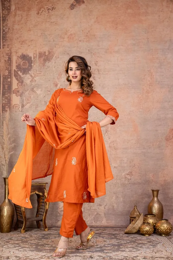 Orange_Embroidered_Straight_Kurta_Pant_Set_For_Women