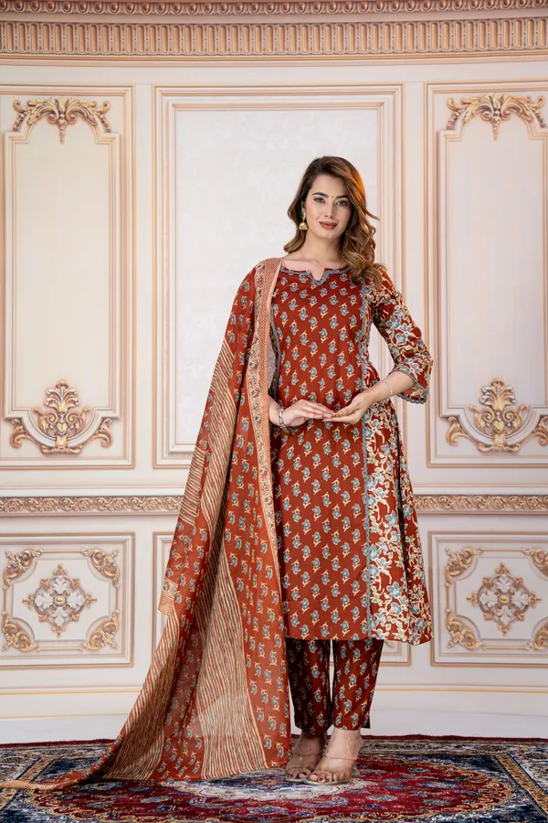Rust_Floral_Printed_Straight_Kurta_Set_For_Women