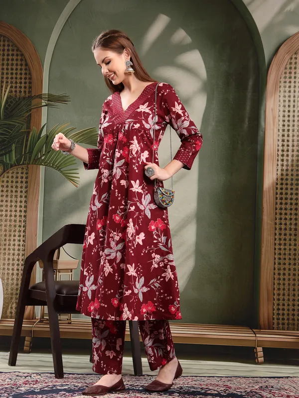 Maroon_Floral_Printed_Flared_Kurta_Set_For_Women