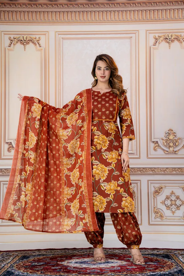 Brown_Floral_Printed_Straight_Kurta_Set_For_Women