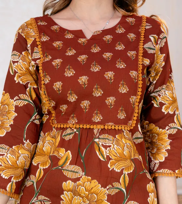 Brown_Floral_Printed_Straight_Kurta_Set_For_Women