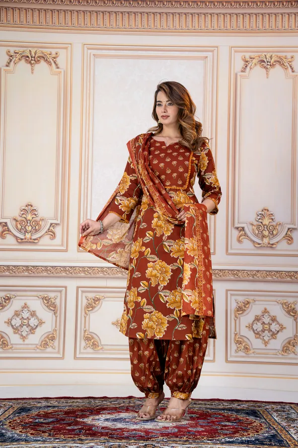 Brown_Floral_Printed_Straight_Kurta_Set_For_Women