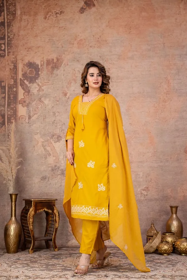Mustard_Embroidered_Straight_Kurta_Set_For_Women