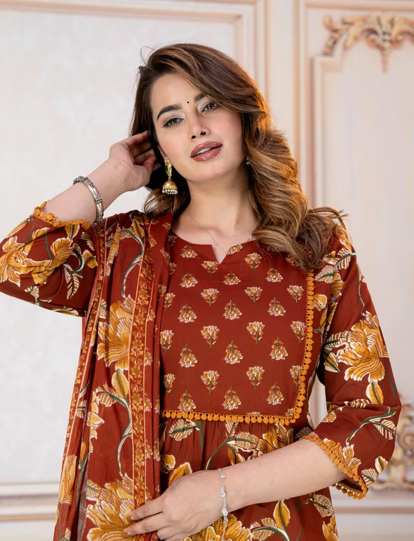 Brown_Floral_Printed_Straight_Kurta_Set_For_Women