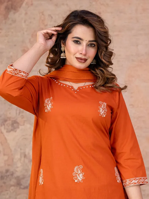 Orange_Embroidered_Straight_Kurta_Pant_Set_For_Women