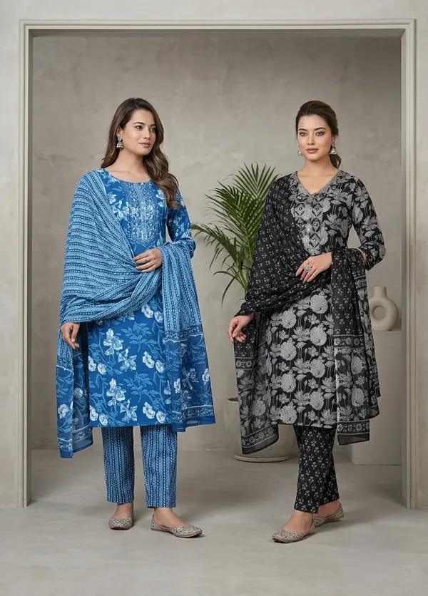 Black_And_Blue_Floral_Kurta_Set_Duo_For_Women