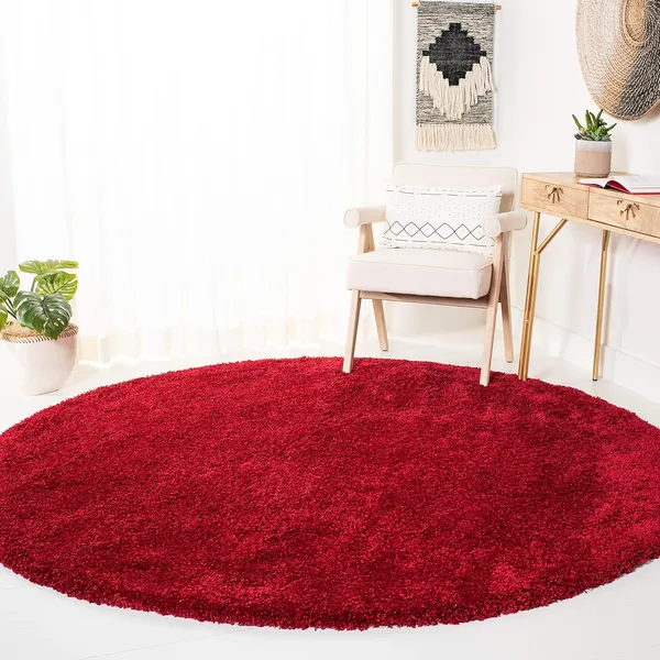 Microfiber_Polyester_Modern_Solid_Red_Round_Shaggy_Rug