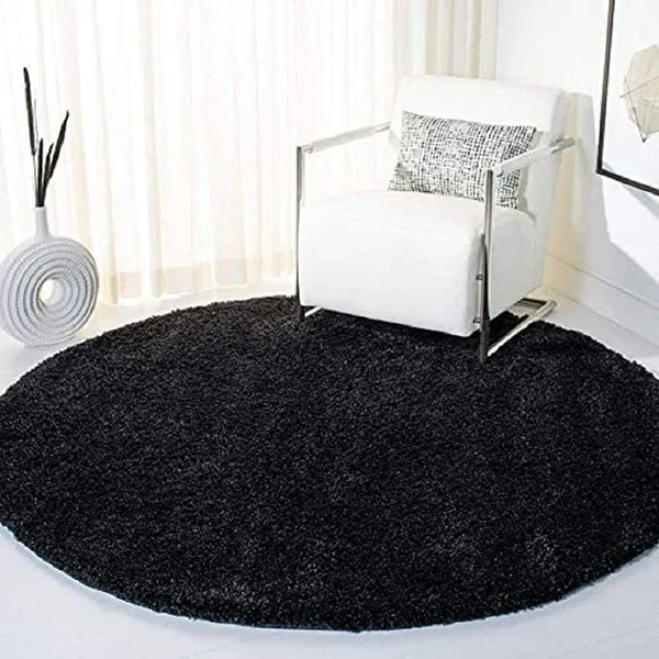 Microfiber_Polyester_Solid_Black_Round_Shaggy_Rug