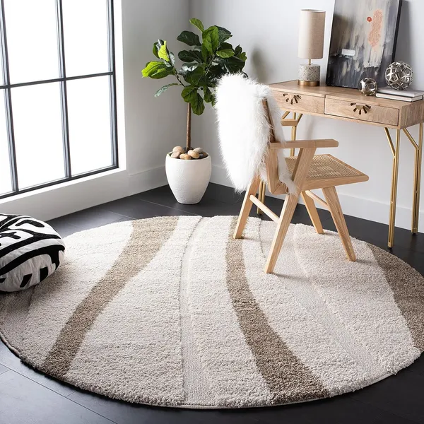 Microfiber_Polyester_Modern_Solid_Round_Shaggy_Rug_Ivory_Dark_Beige