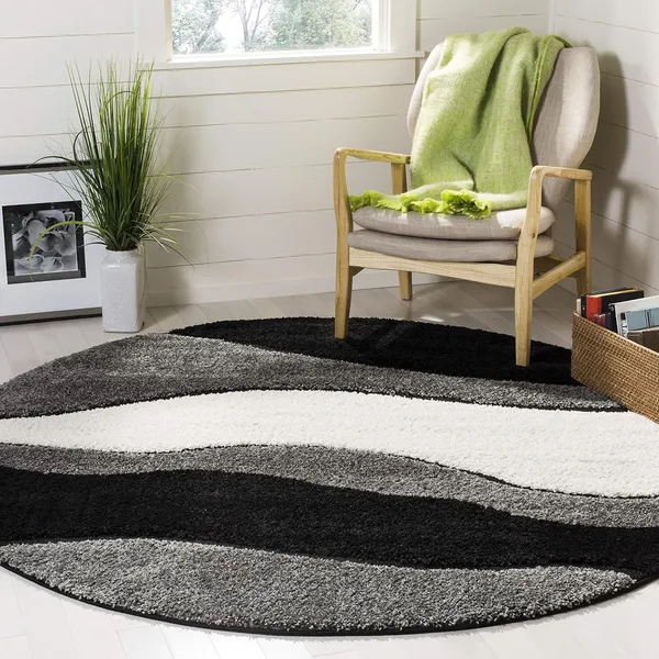 Microfiber_Polyester_Solid_Cream_White_Black_Round_Shaggy_Rug