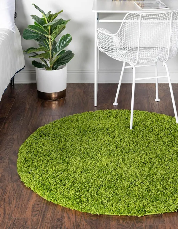 Microfiber_Polyester_Bohemian_Solid_Grass_Green_Round_Shaggy_Rug