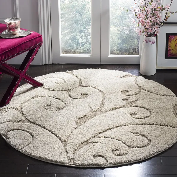 Microfiber_Polyester_Bohemian_Ivory_Beige_Floral_Round_Shaggy_Rug