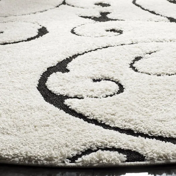 Microfiber_Polyester_Bohemian_Ivory_Black_Floral_Round_Shaggy_Rug
