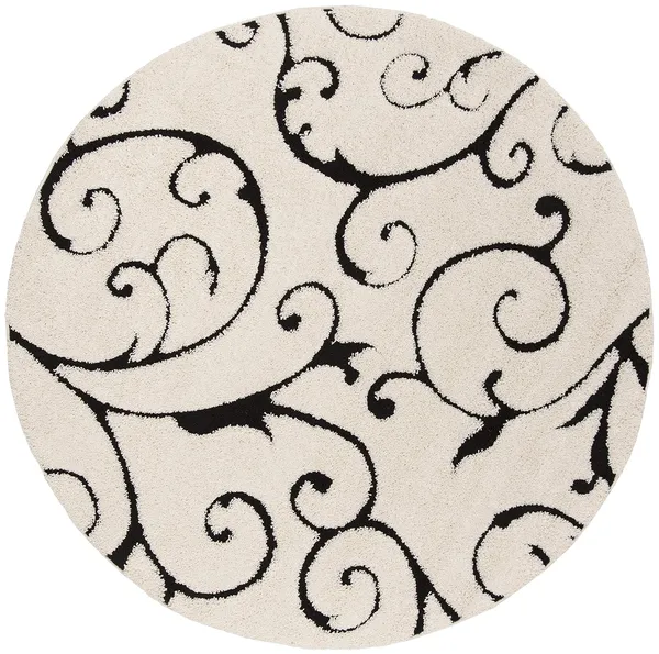 Microfiber_Polyester_Bohemian_Ivory_Black_Floral_Round_Shaggy_Rug