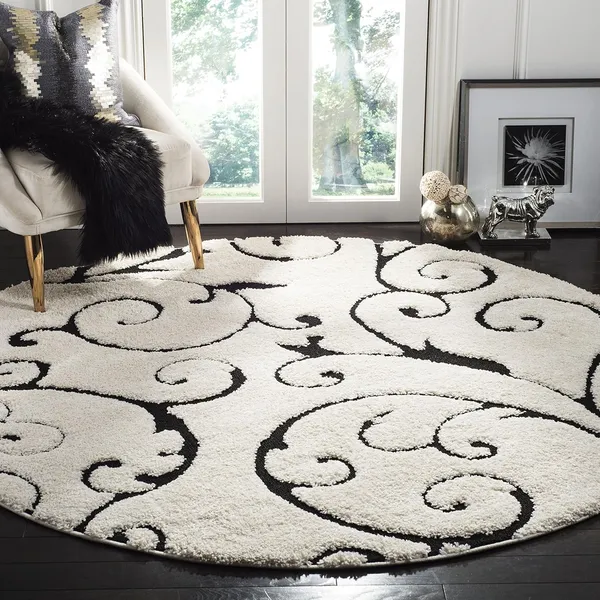 Microfiber_Polyester_Bohemian_Ivory_Black_Floral_Round_Shaggy_Rug