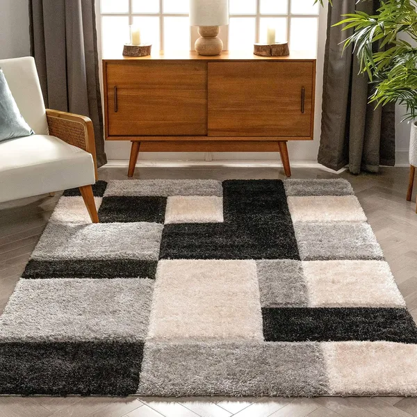 Microfiber_Polyester_Handcrafted_Black_Silver_Ivory_Square_Shaggy_Rug