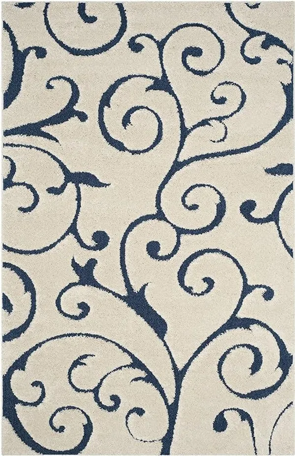 Microfiber_Polyester_Shaggy_Floral_Shaggy_Rug_Ivory_And_Blue
